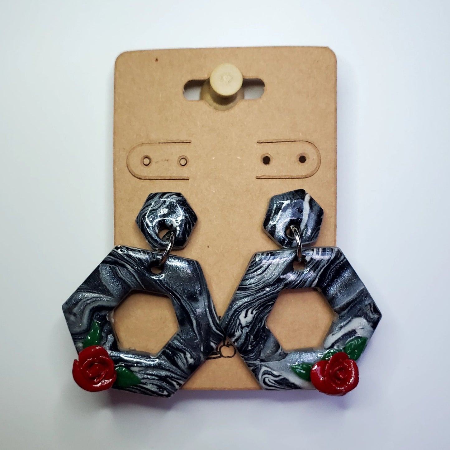 Black & White Hexagon Drop Earrings With Roses