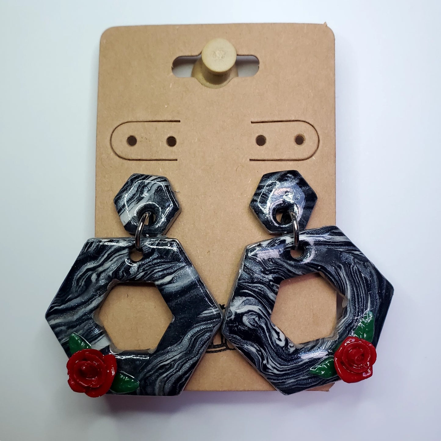Black & White Hexagon Drop Earrings With Roses