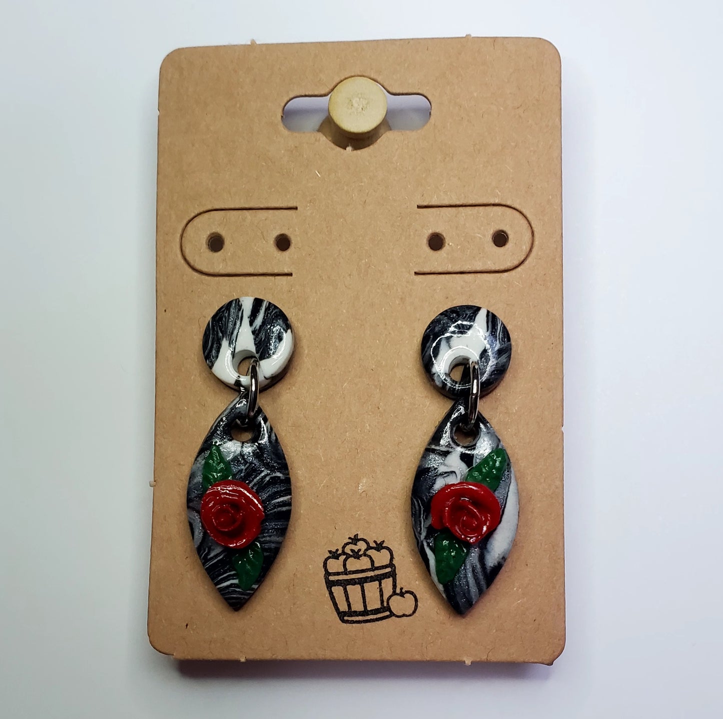 Black & White Circle Drop Earrings With Roses