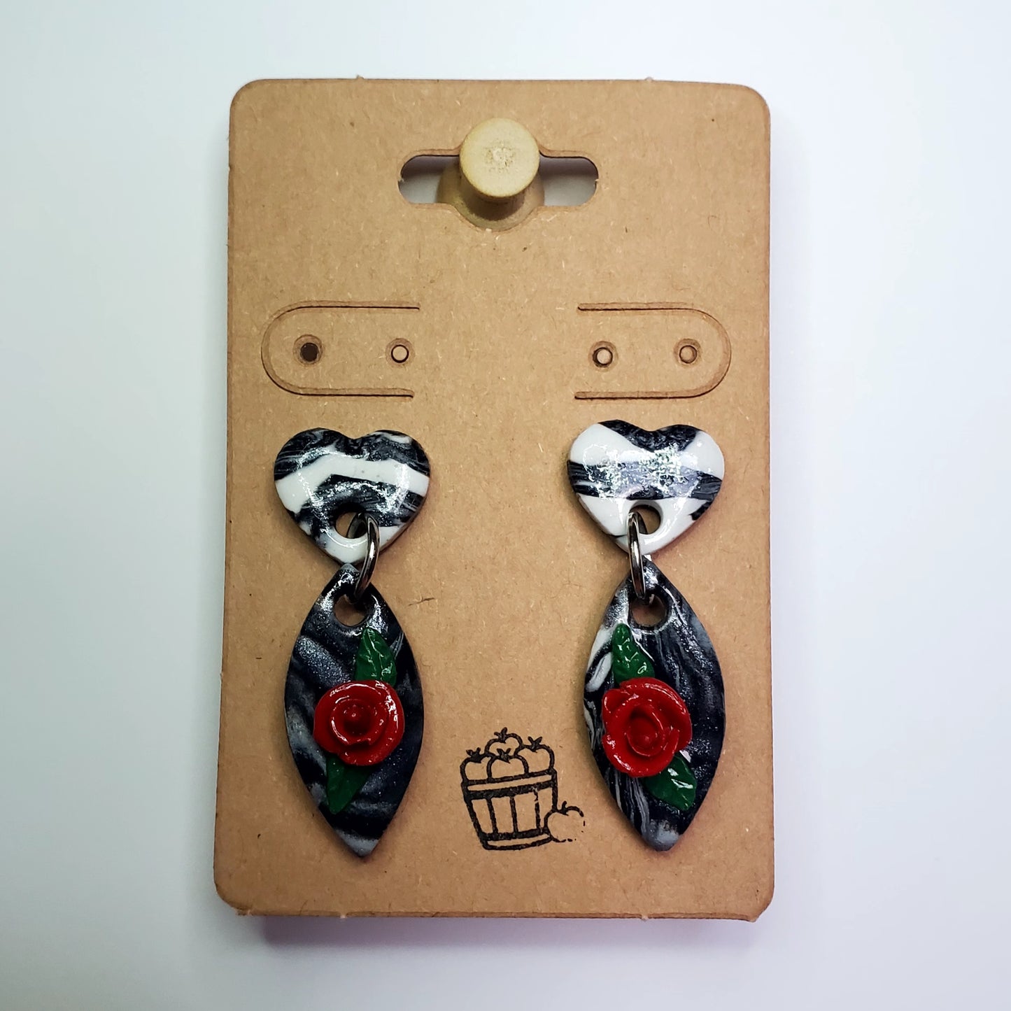Black & White Heart Drop Earrings With Roses