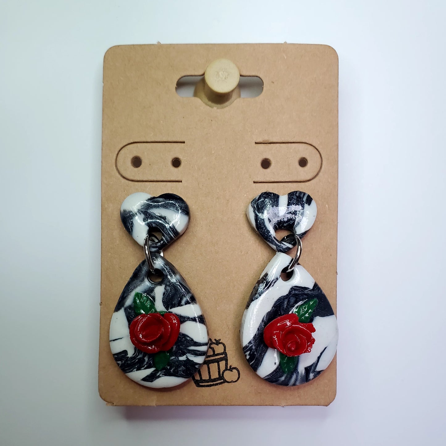 Black & White Heart Teardrop Earrings With Roses