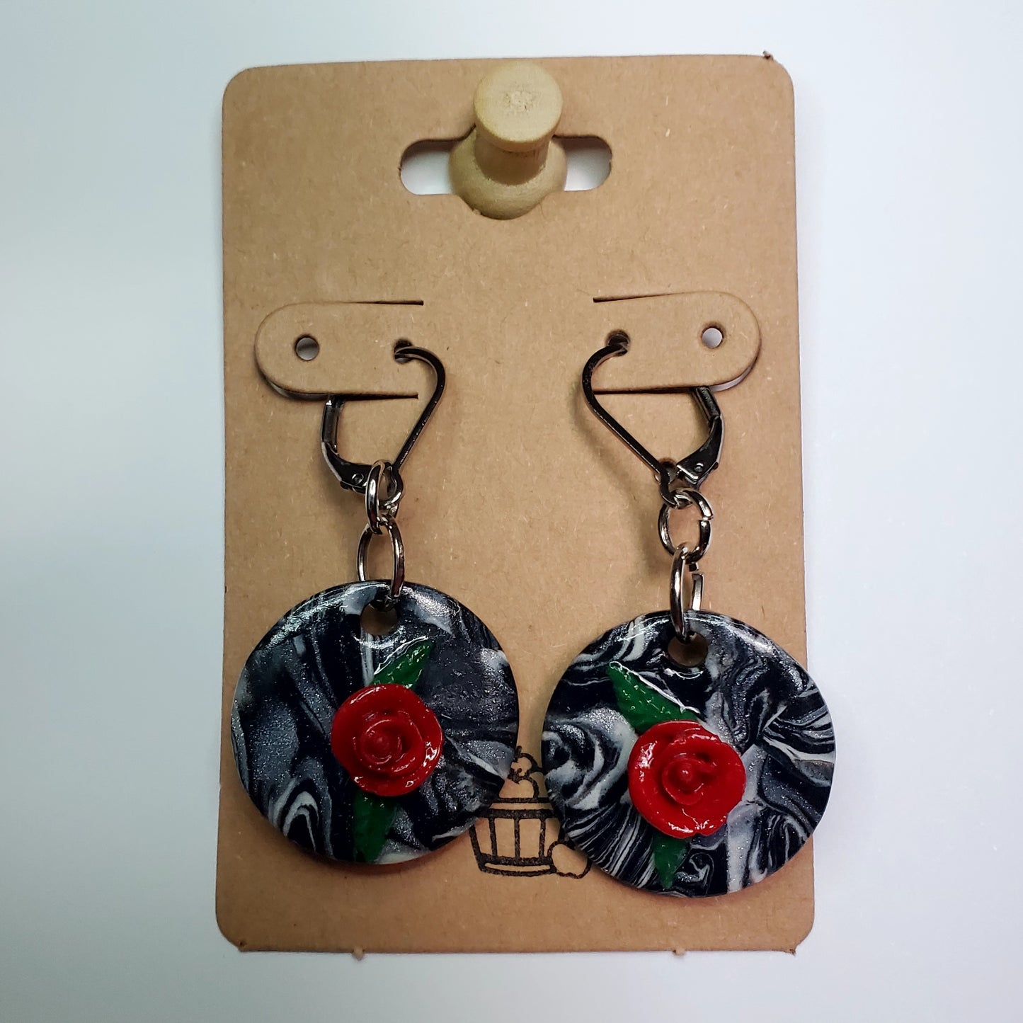 Black & White Circle Drop Earrings With Roses