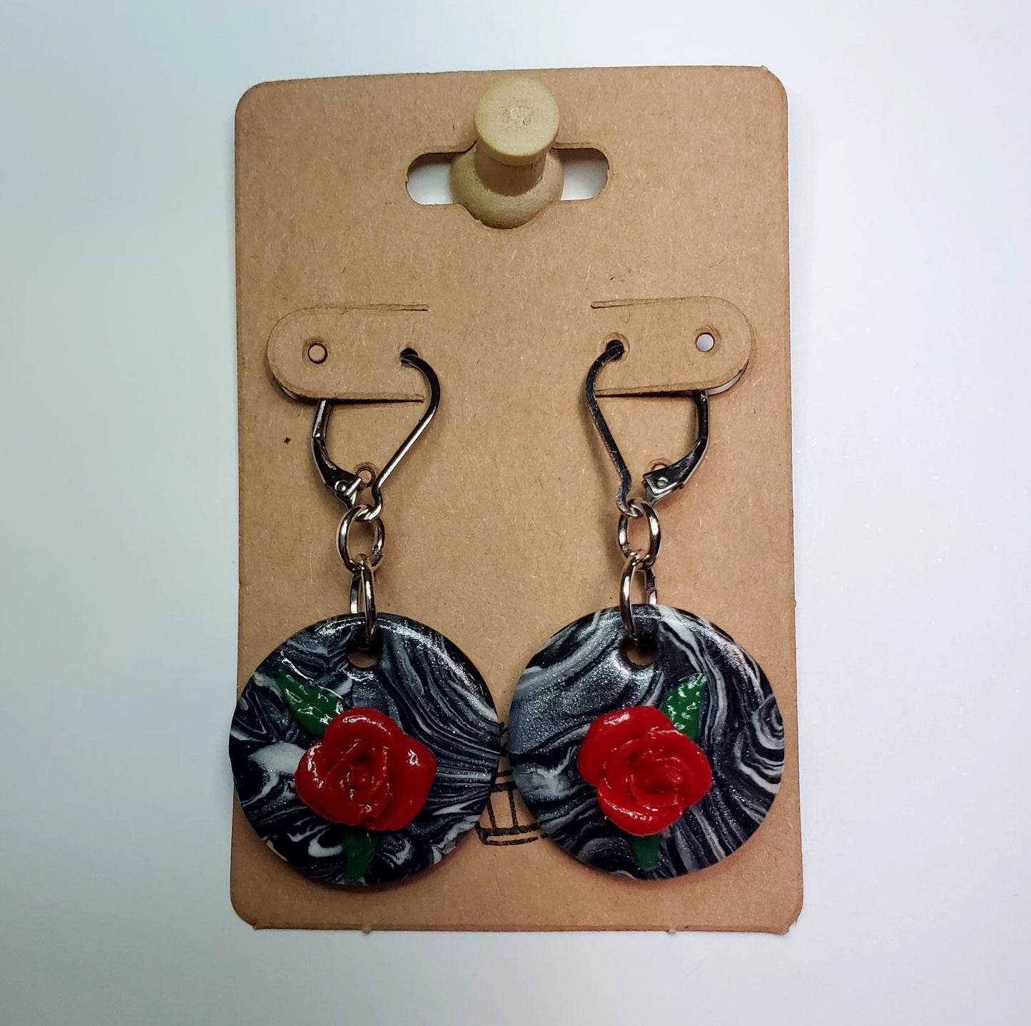 Black & White Circle Drop Earrings With Roses